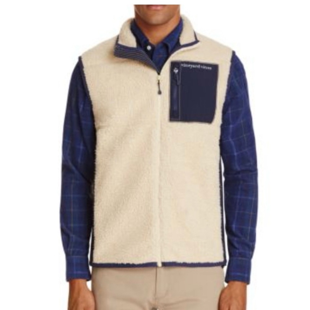 Vineyard Vines Men's Sherpa Zip Vest with Contrast Pocket - Cream/Navy